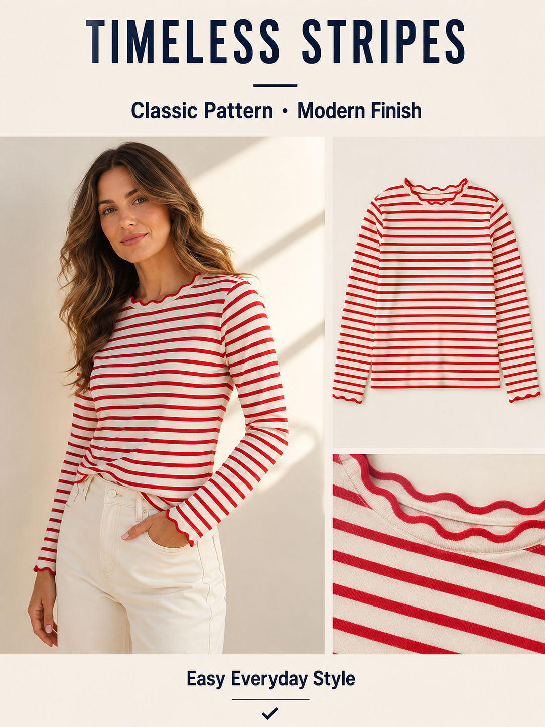 ✨ Fresh Fashion Pick Women’s Striped Long Sleeve Scalloped Trim Cotton Tee