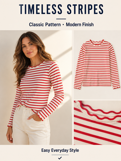 ✨ Fresh Fashion Pick Women’s Striped Long Sleeve Scalloped Trim Cotton Tee