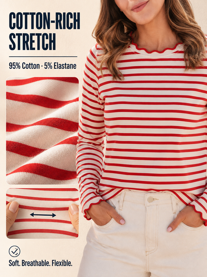 ✨ Fresh Fashion Pick Women’s Striped Long Sleeve Scalloped Trim Cotton Tee