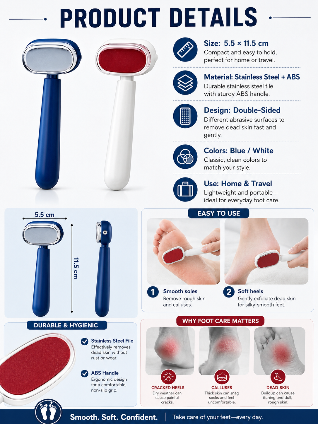 💧 Self-Care Essential Dual-Sided Foot Callus Remover with Replaceable Stainless Steel Blade