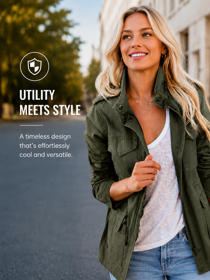 ✨ New Arrival Women’s Multi-Pocket Military Jacket — Slim Fit Casual Zip-Up Jacket