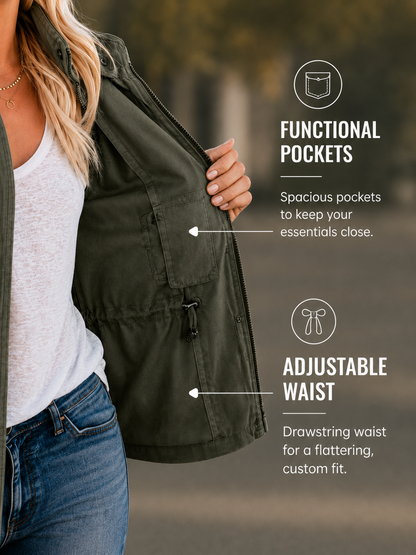 ✨ New Arrival Women’s Multi-Pocket Military Jacket — Slim Fit Casual Zip-Up Jacket