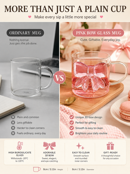 🎀 Charming Pick ✨ Bow Glass Cup — Elegant Pink Bow Coffee Mug for Hot & Cold Drin