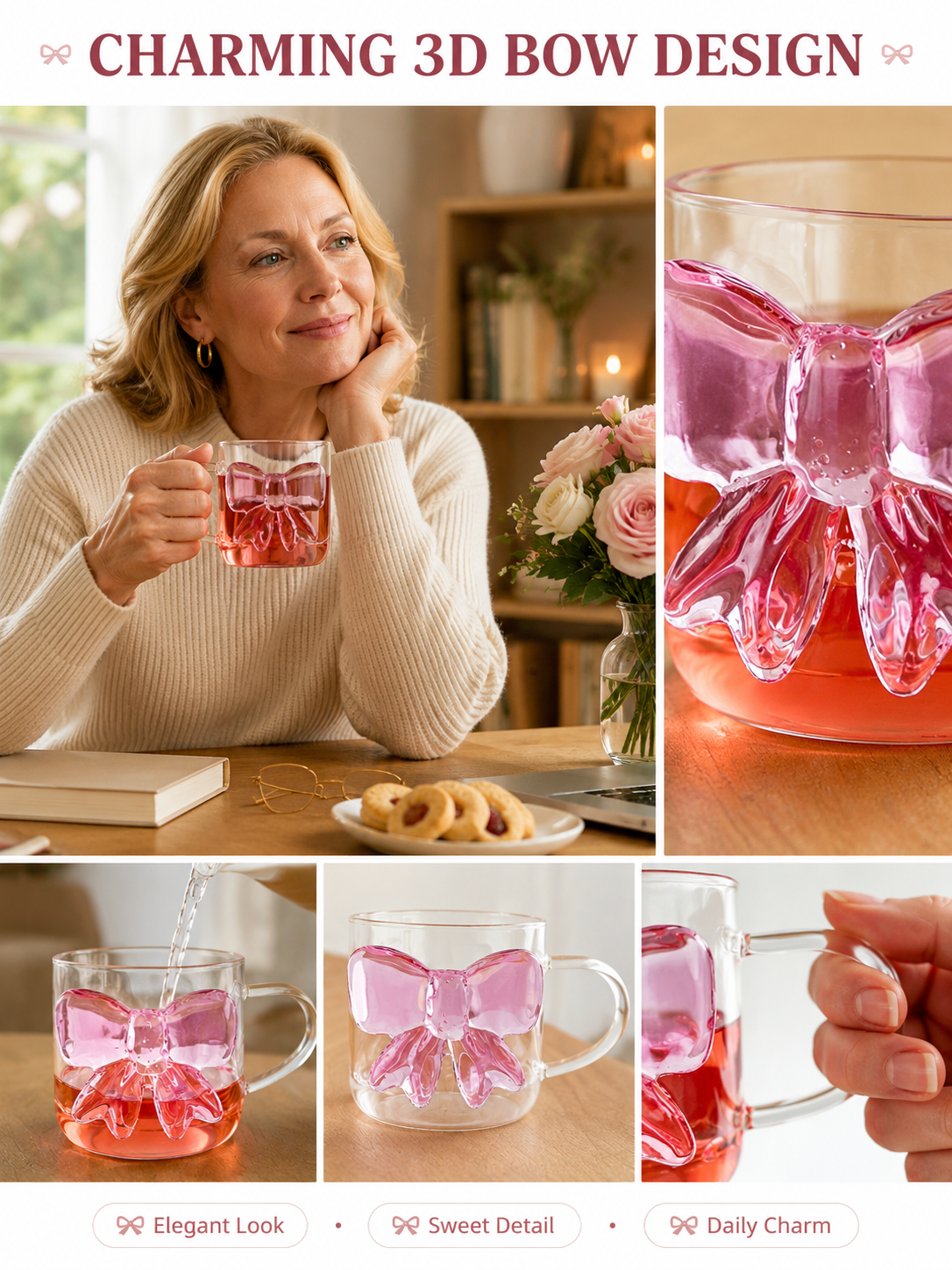 🎀 Charming Pick ✨ Bow Glass Cup — Elegant Pink Bow Coffee Mug for Hot & Cold Drin