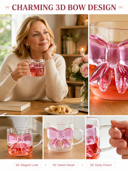 🎀 Charming Pick ✨ Bow Glass Cup — Elegant Pink Bow Coffee Mug for Hot & Cold Drin