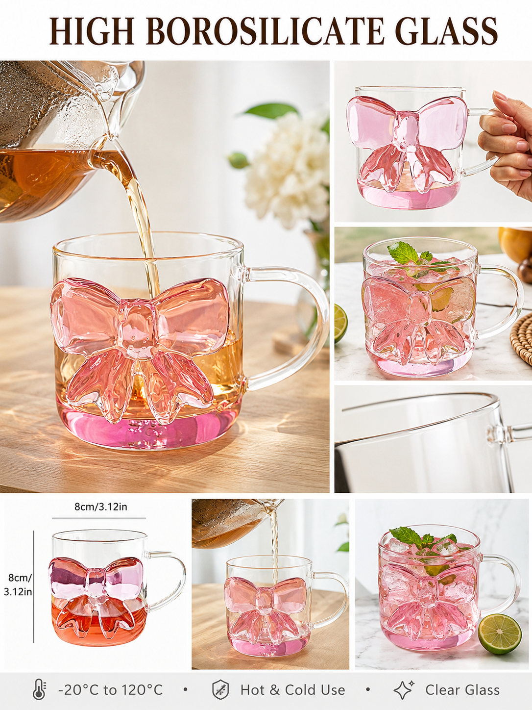 🎀 Charming Pick ✨ Bow Glass Cup — Elegant Pink Bow Coffee Mug for Hot & Cold Drin