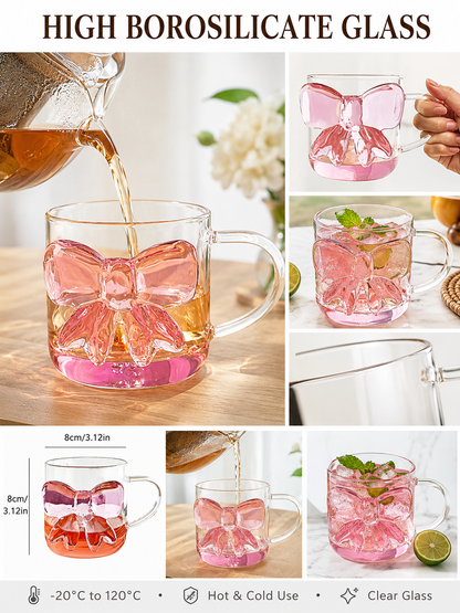 🎀 Charming Pick ✨ Bow Glass Cup — Elegant Pink Bow Coffee Mug for Hot & Cold Drin