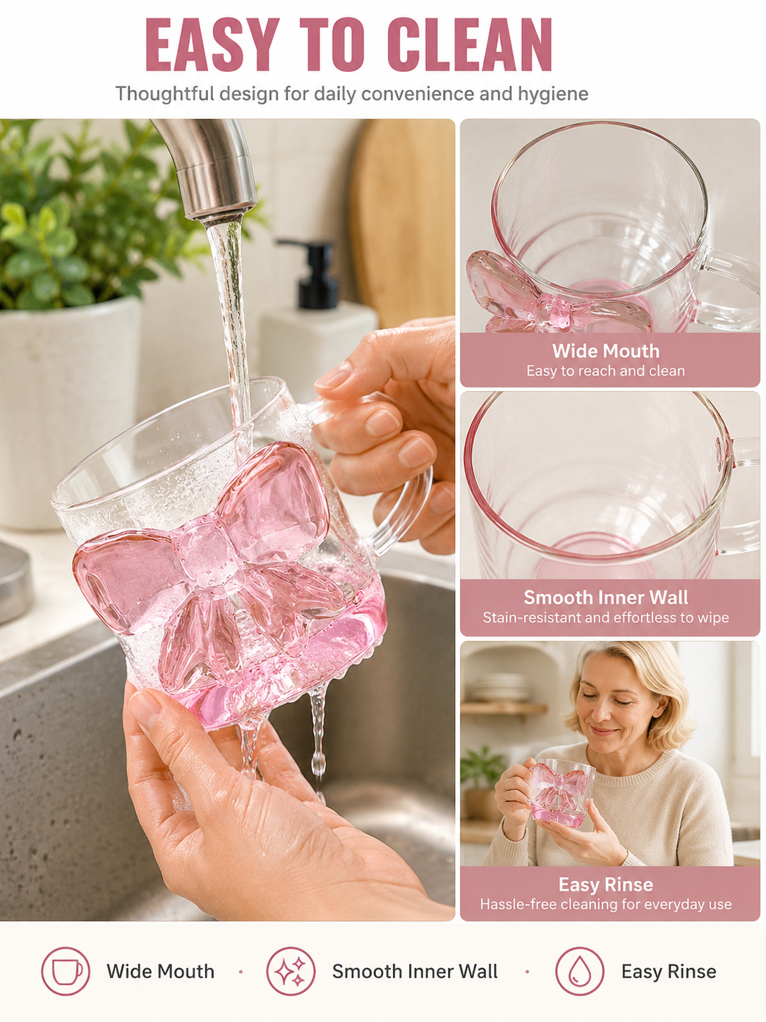🎀 Charming Pick ✨ Bow Glass Cup — Elegant Pink Bow Coffee Mug for Hot & Cold Drin