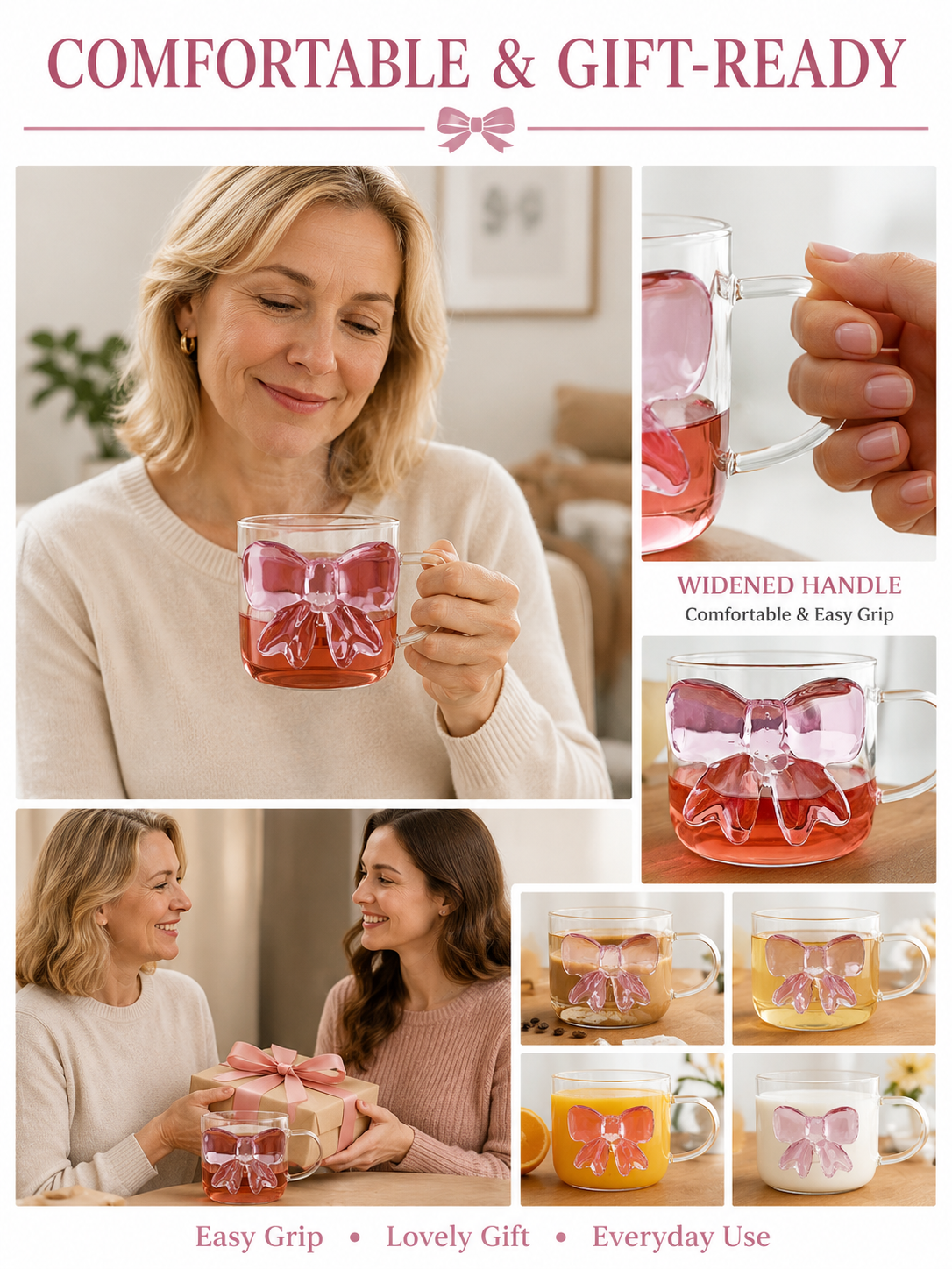 🎀 Charming Pick ✨ Bow Glass Cup — Elegant Pink Bow Coffee Mug for Hot & Cold Drin
