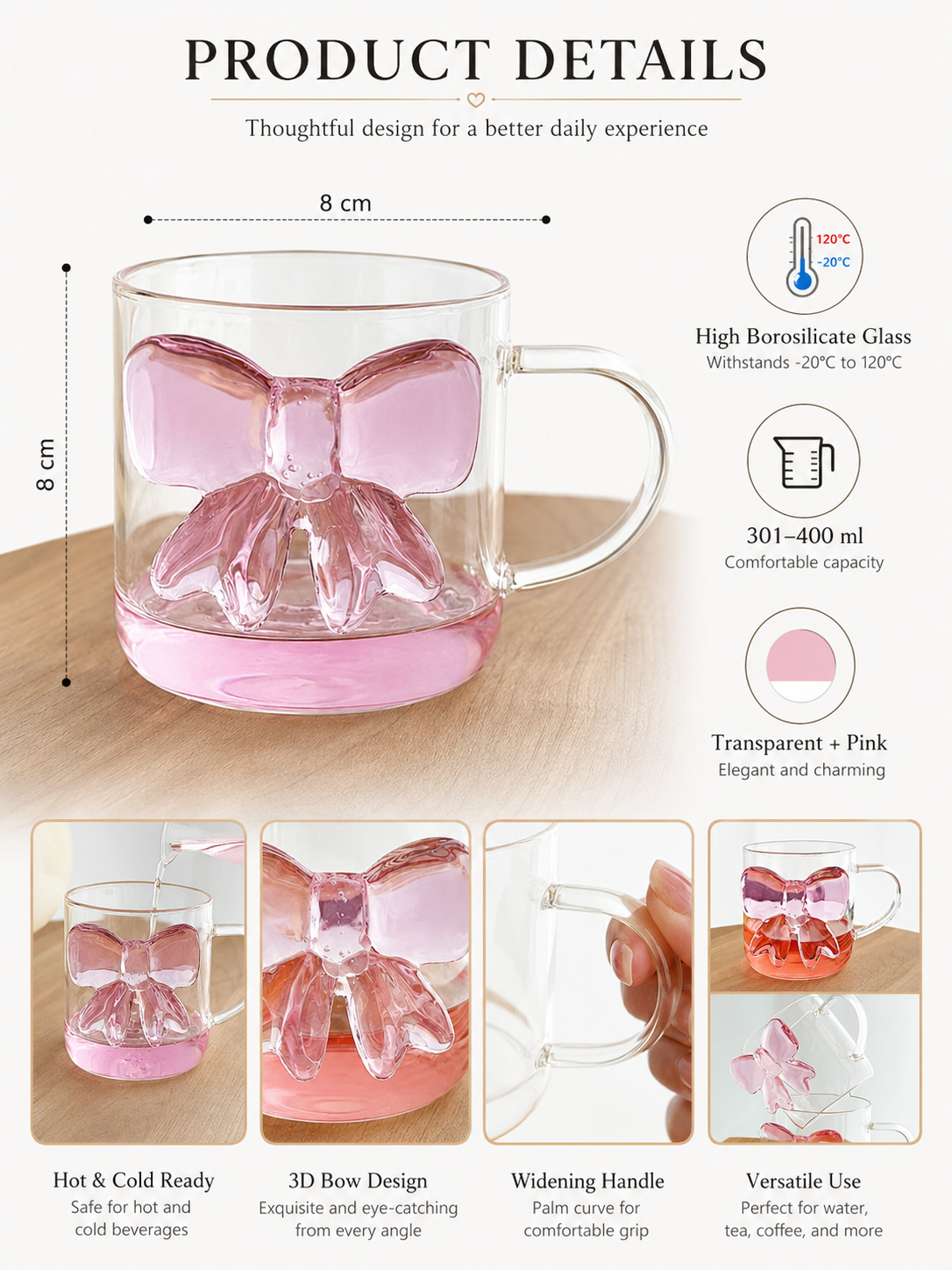 🎀 Charming Pick ✨ Bow Glass Cup — Elegant Pink Bow Coffee Mug for Hot & Cold Drin