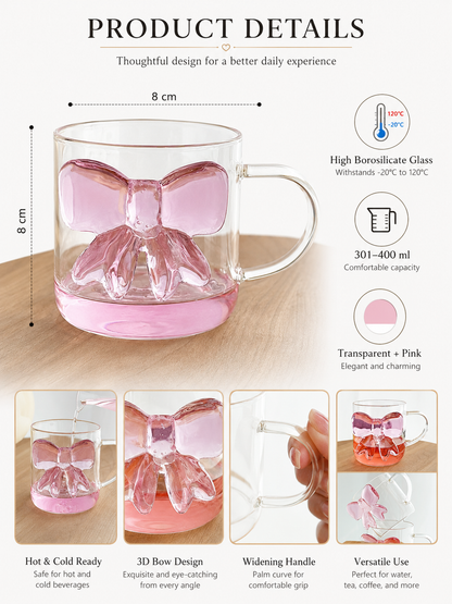 🎀 Charming Pick ✨ Bow Glass Cup — Elegant Pink Bow Coffee Mug for Hot & Cold Drin