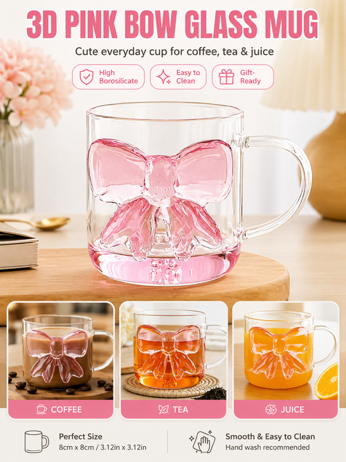 🎀 Charming Pick ✨ Bow Glass Cup — Elegant Pink Bow Coffee Mug for Hot & Cold Drin