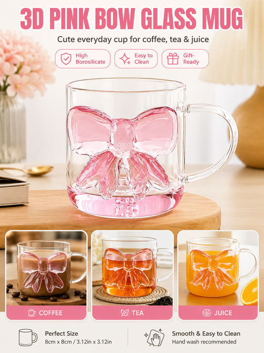 🎀 Charming Pick ✨ Bow Glass Cup — Elegant Pink Bow Coffee Mug for Hot & Cold Drin