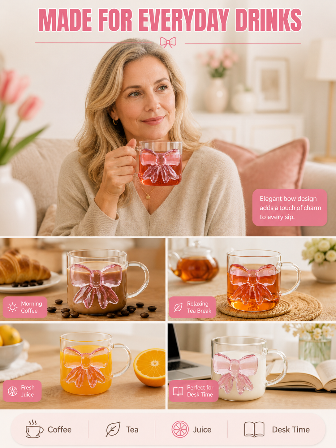 🎀 Charming Pick ✨ Bow Glass Cup — Elegant Pink Bow Coffee Mug for Hot & Cold Drin