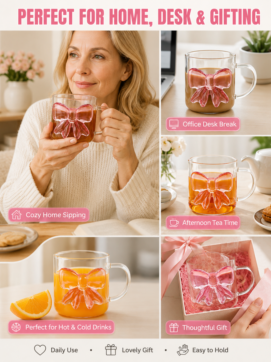 🎀 Charming Pick ✨ Bow Glass Cup — Elegant Pink Bow Coffee Mug for Hot & Cold Drin