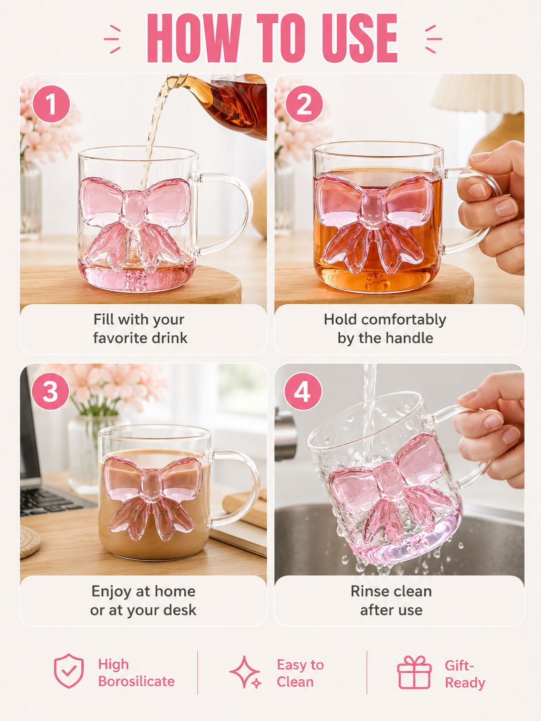 🎀 Charming Pick ✨ Bow Glass Cup — Elegant Pink Bow Coffee Mug for Hot & Cold Drin