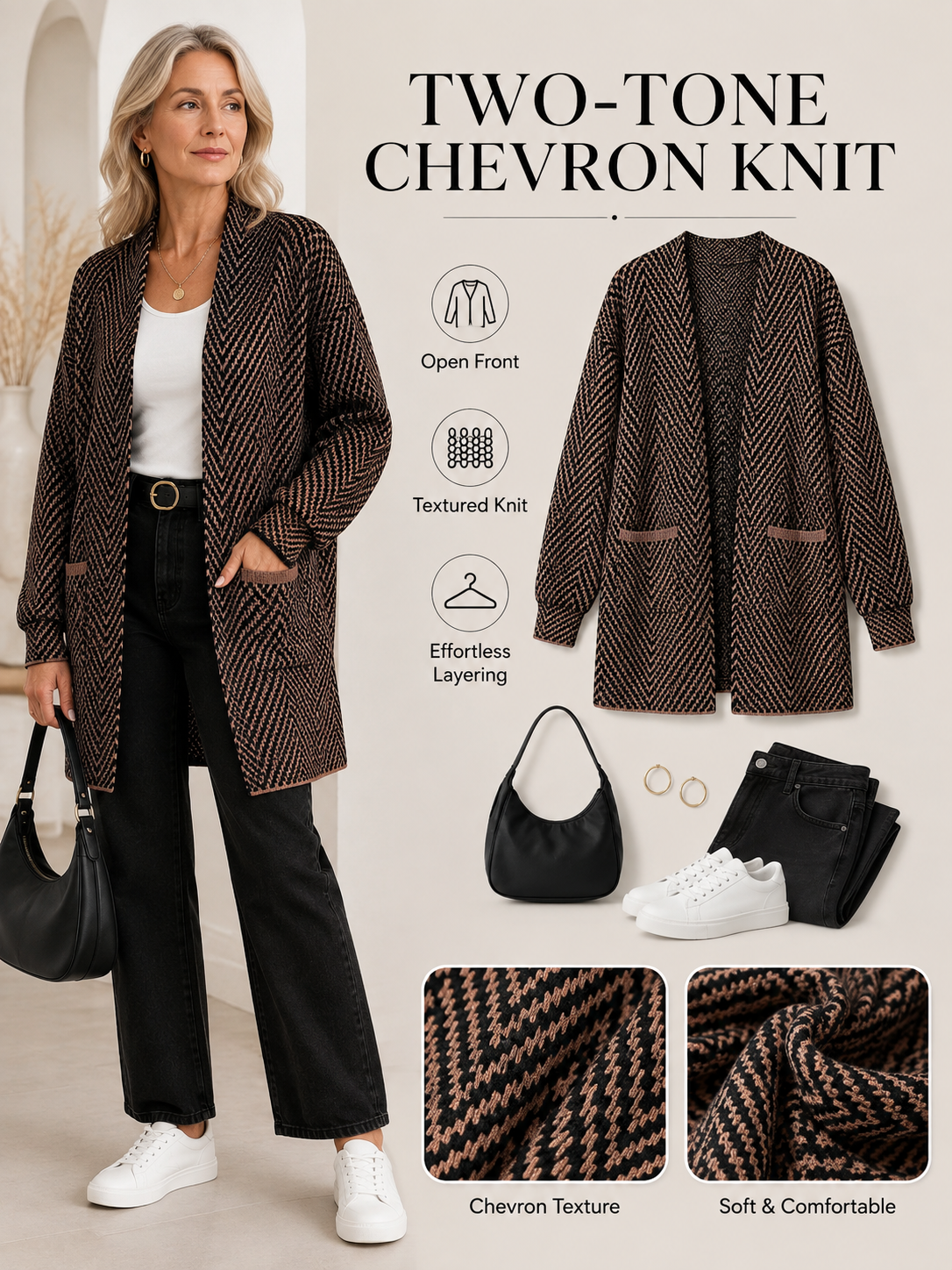 🍁 Fall Favorite ✨ Women’s Herringbone Cardigan — Soft Chunky Knit Sweater Coat with Pockets