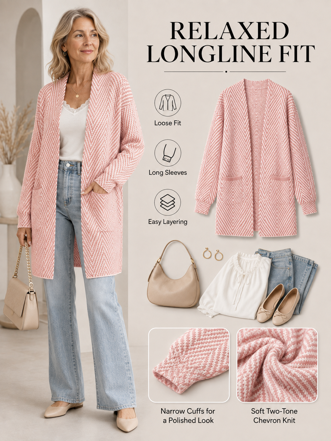🍁 Fall Favorite ✨ Women’s Herringbone Cardigan — Soft Chunky Knit Sweater Coat with Pockets