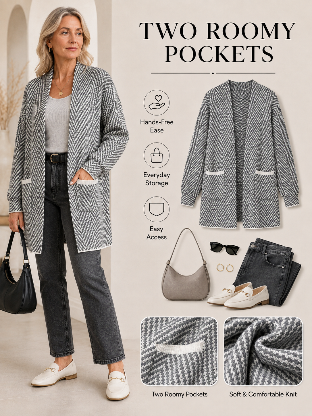 🍁 Fall Favorite ✨ Women’s Herringbone Cardigan — Soft Chunky Knit Sweater Coat with Pockets
