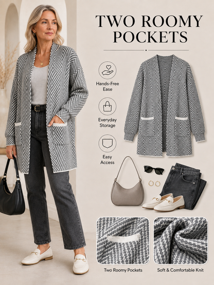🍁 Fall Favorite ✨ Women’s Herringbone Cardigan — Soft Chunky Knit Sweater Coat with Pockets