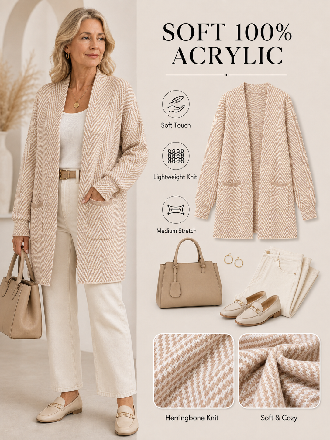 🍁 Fall Favorite ✨ Women’s Herringbone Cardigan — Soft Chunky Knit Sweater Coat with Pockets