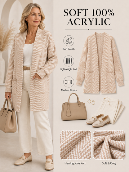 🍁 Fall Favorite ✨ Women’s Herringbone Cardigan — Soft Chunky Knit Sweater Coat with Pockets