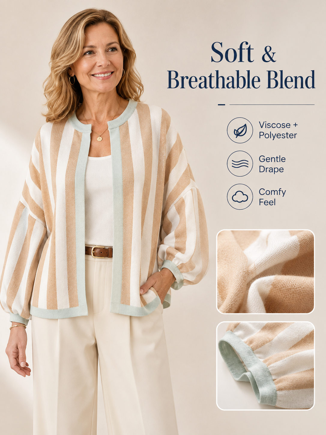 🍂 Fall Must-Have 🧶 Women’s Striped Knit Cardigan - Oversized Open-Front Sweater with Balloon Sleeves