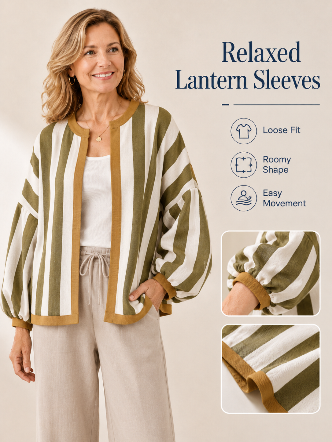 🍂 Fall Must-Have 🧶 Women’s Striped Knit Cardigan - Oversized Open-Front Sweater with Balloon Sleeves