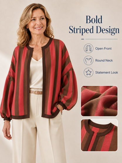 🍂 Fall Must-Have 🧶 Women’s Striped Knit Cardigan - Oversized Open-Front Sweater with Balloon Sleeves