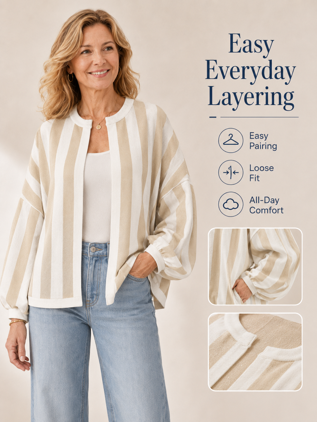🍂 Fall Must-Have 🧶 Women’s Striped Knit Cardigan - Oversized Open-Front Sweater with Balloon Sleeves