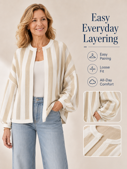 🍂 Fall Must-Have 🧶 Women’s Striped Knit Cardigan - Oversized Open-Front Sweater with Balloon Sleeves