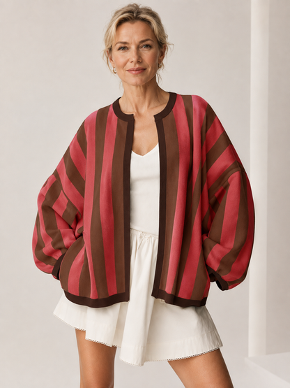 🍂 Fall Must-Have 🧶 Women’s Striped Knit Cardigan - Oversized Open-Front Sweater with Balloon Sleeves