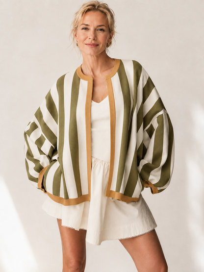 🍂 Fall Must-Have 🧶 Women’s Striped Knit Cardigan - Oversized Open-Front Sweater with Balloon Sleeves