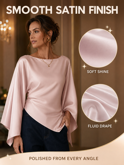 💎👗Chic Style Satin Boat Neck Blouse - Bell Sleeves with Asymmetrical Design