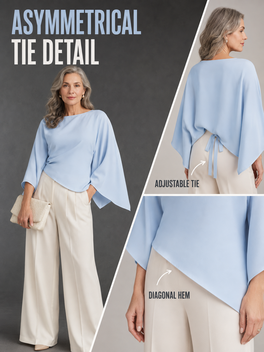 💎👗Chic Style Satin Boat Neck Blouse - Bell Sleeves with Asymmetrical Design