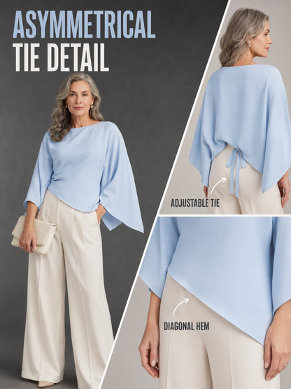 💎👗Chic Style Satin Boat Neck Blouse - Bell Sleeves with Asymmetrical Design