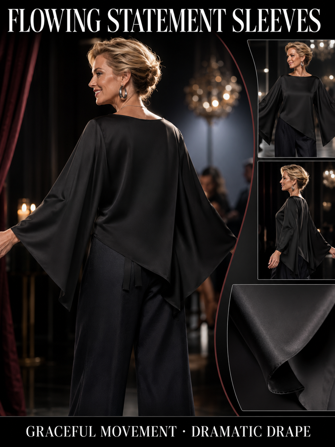 💎👗Chic Style Satin Boat Neck Blouse - Bell Sleeves with Asymmetrical Design