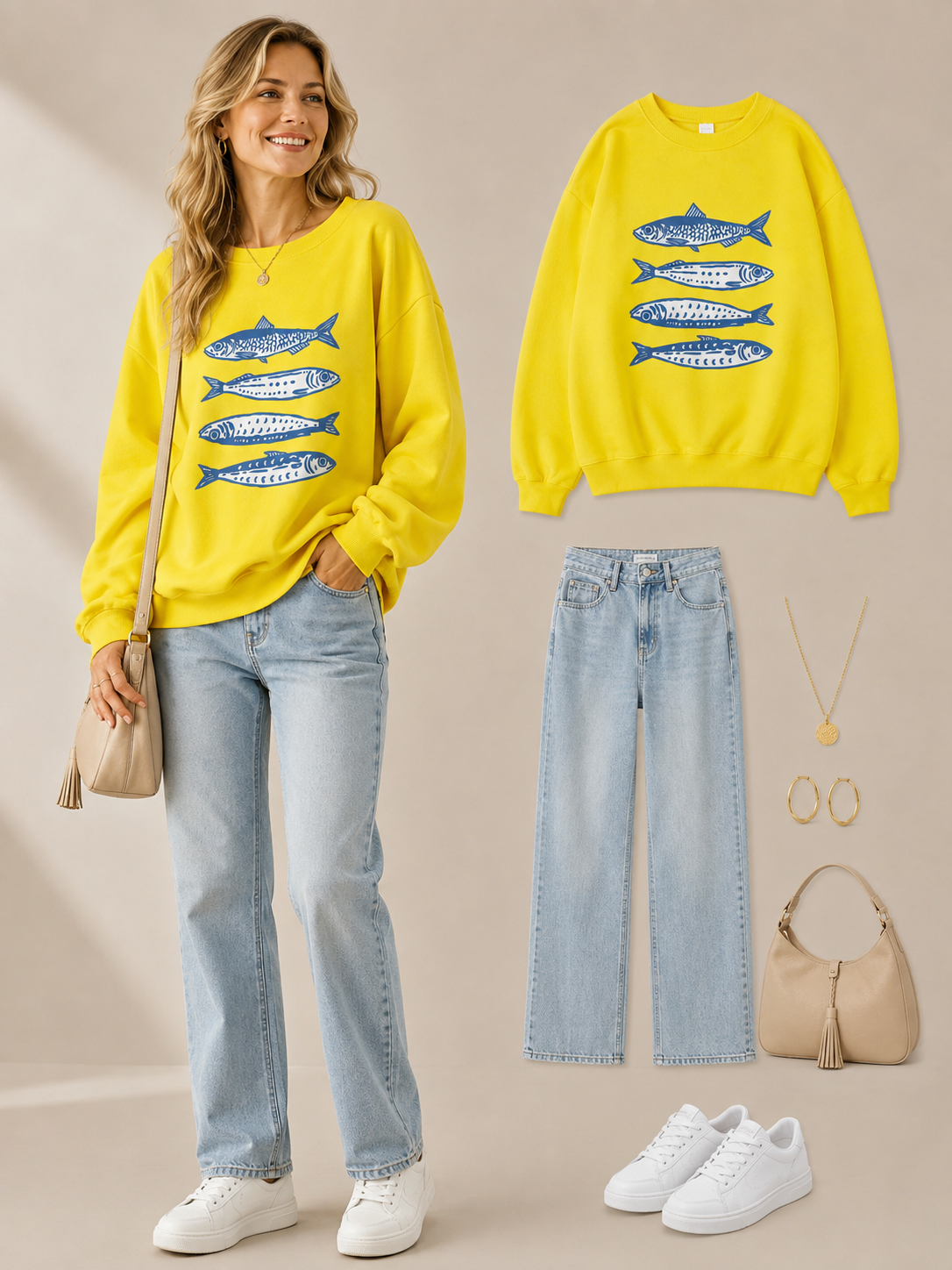 🐟 Trendy Pick 💙 Women’s Sardine Print Sweatshirt - Casual Crewneck Sporty Top