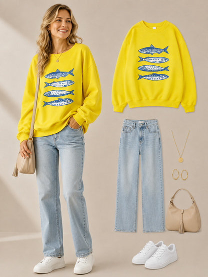 🐟 Trendy Pick 💙 Women’s Sardine Print Sweatshirt - Casual Crewneck Sporty Top
