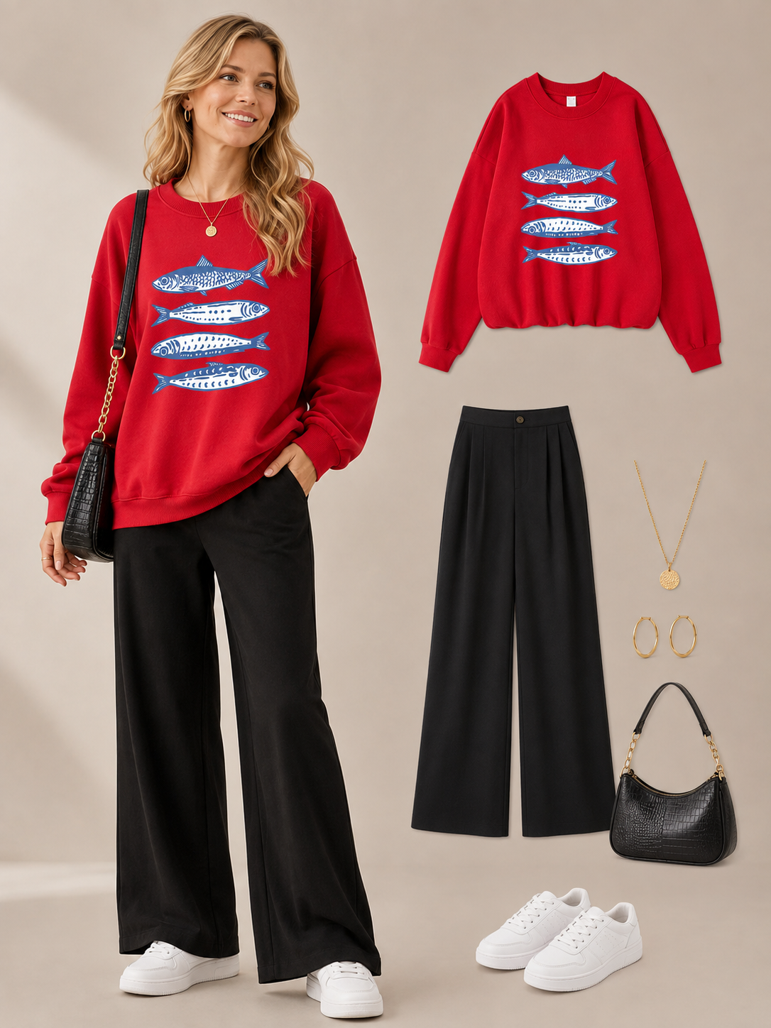 🐟 Trendy Pick 💙 Women’s Sardine Print Sweatshirt - Casual Crewneck Sporty Top
