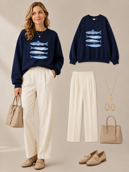 🐟 Trendy Pick 💙 Women’s Sardine Print Sweatshirt - Casual Crewneck Sporty Top