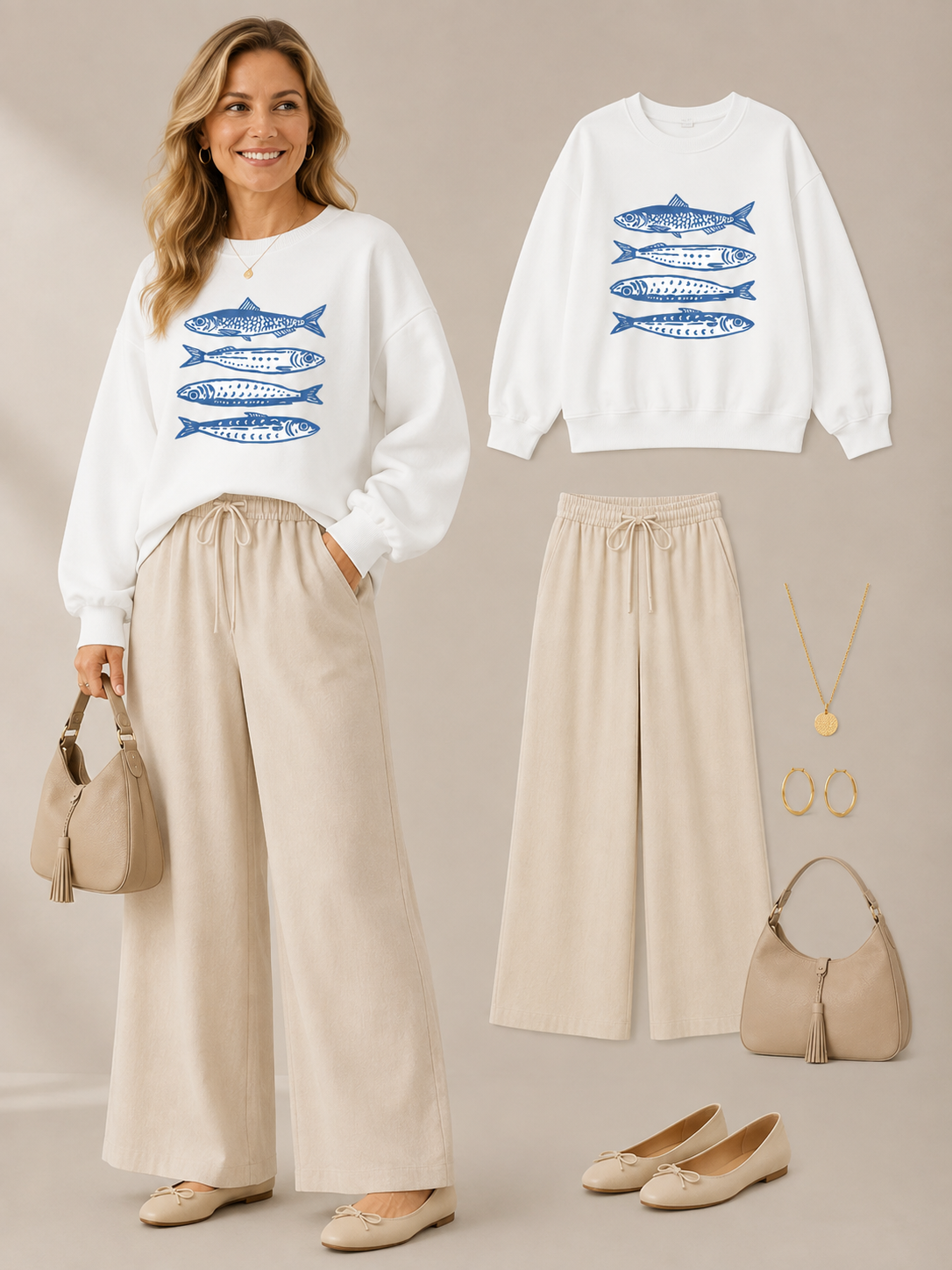 🐟 Trendy Pick 💙 Women’s Sardine Print Sweatshirt - Casual Crewneck Sporty Top