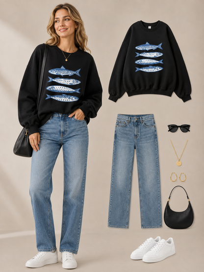 🐟 Trendy Pick 💙 Women’s Sardine Print Sweatshirt - Casual Crewneck Sporty Top