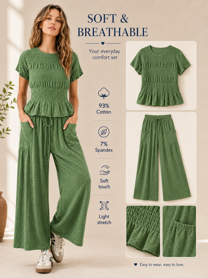 🎒 Back-to-School Special ✨ Women's Boho 2-Piece Set with Smocked Top & Wide-Leg Pants 👖