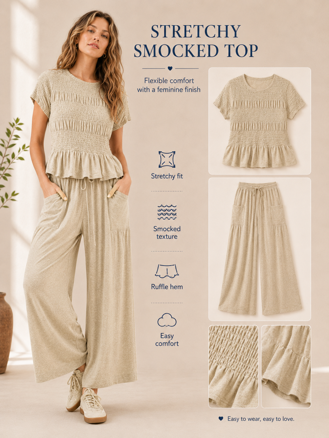 🎒 Back-to-School Special ✨ Women's Boho 2-Piece Set with Smocked Top & Wide-Leg Pants 👖