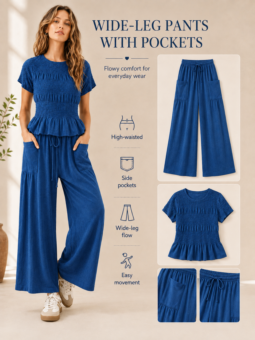 🎒 Back-to-School Special ✨ Women's Boho 2-Piece Set with Smocked Top & Wide-Leg Pants 👖