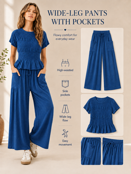 🎒 Back-to-School Special ✨ Women's Boho 2-Piece Set with Smocked Top & Wide-Leg Pants 👖