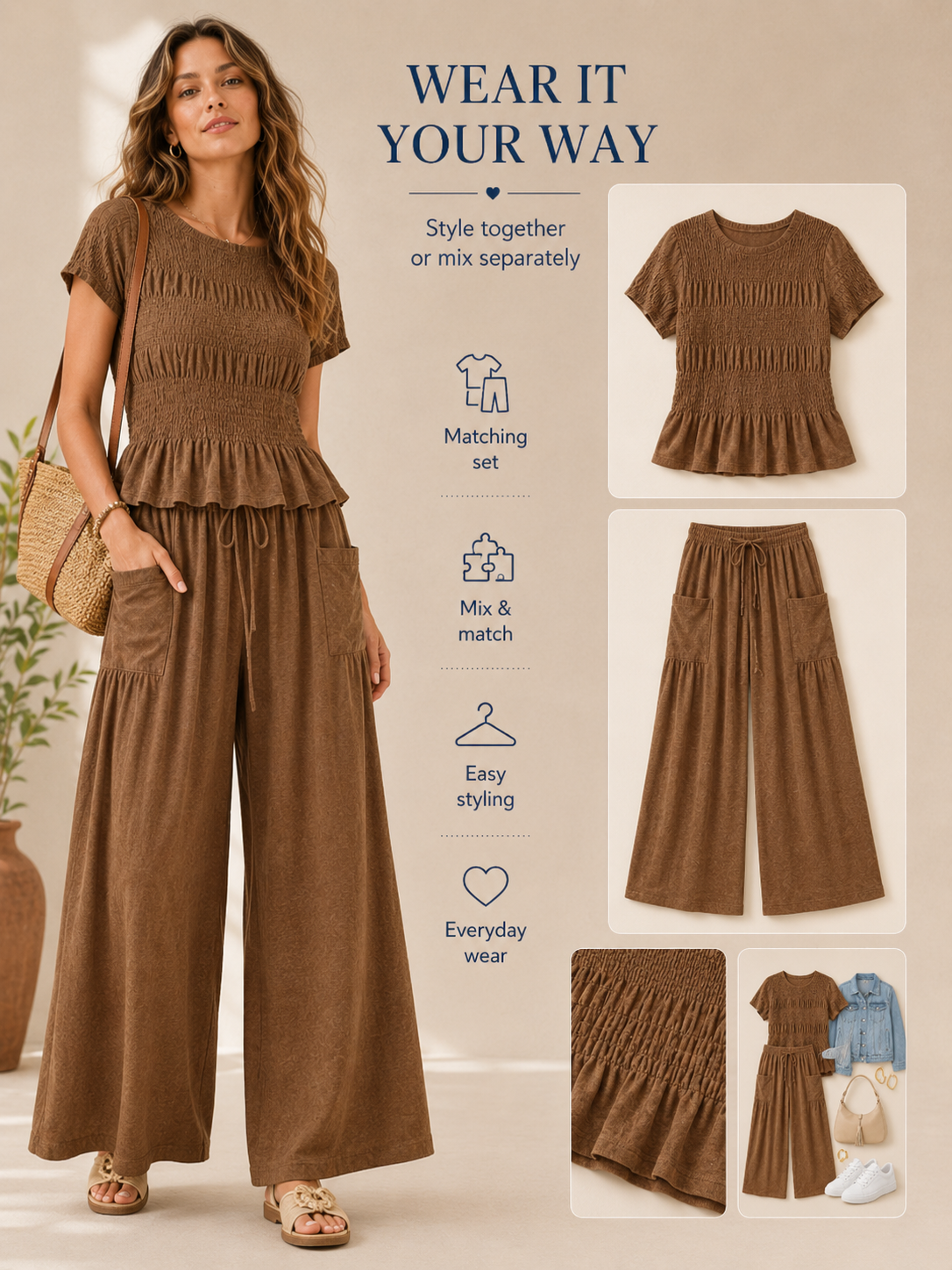 🎒 Back-to-School Special ✨ Women's Boho 2-Piece Set with Smocked Top & Wide-Leg Pants 👖