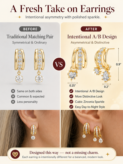 ✨ Jewelry Special 💛 14K Gold-Plated Asymmetrical Earrings with Zircon Pendants for Women & Girls 💎