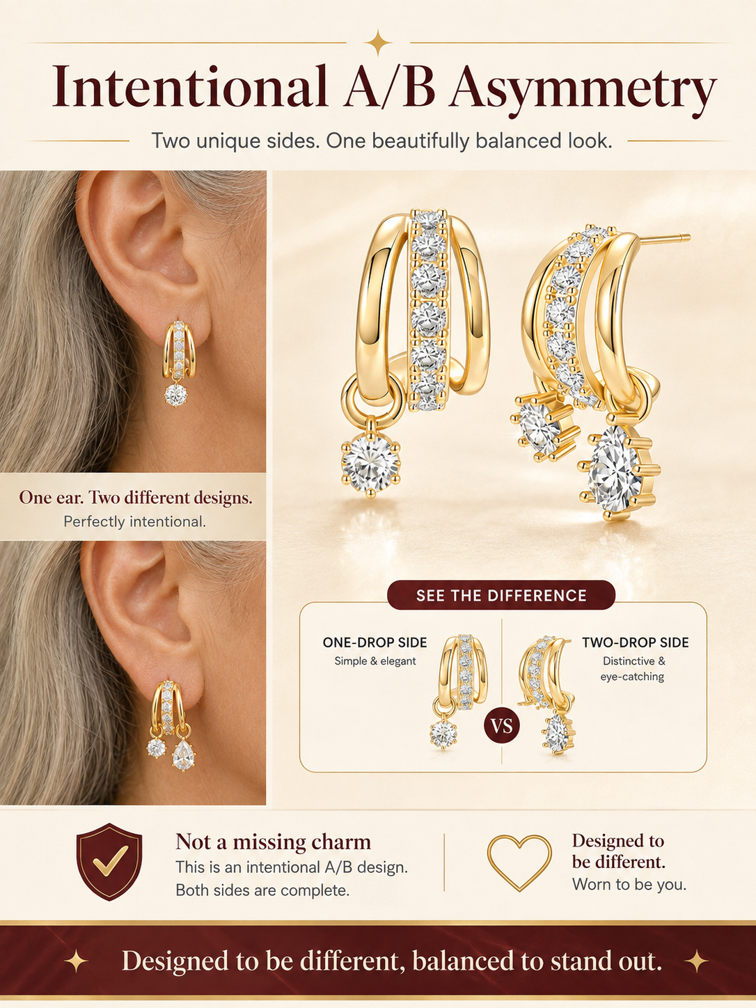✨ Jewelry Special 💛 14K Gold-Plated Asymmetrical Earrings with Zircon Pendants for Women & Girls 💎